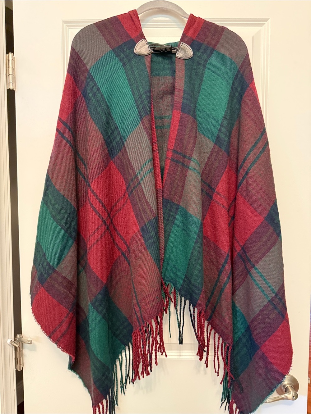 Plaid Fringe Throw Wrap Cape - Red, Green, Blue